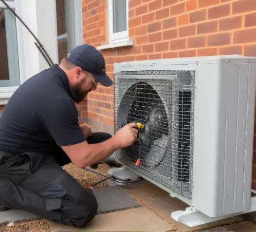 A professional technician in a dark uniform and cap is kneeling on the ground, performing maintenance on an outdoor air-source heat pump unit located next to a brick building. The technician is using a hand tool to inspect the fan grille. A blue square with a white checkmark icon is overlaid in the top right corner of the image.