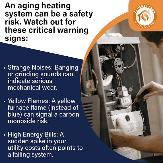 HVAC technician inspecting an aging furnace system with warning signs of mechanical wear and heating failure