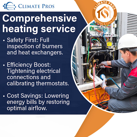 Climate Pros HVAC technician performing a comprehensive heating service, inspecting burners and heat exchangers, tightening electrical connections, and calibrating thermostats to improve furnace efficiency.