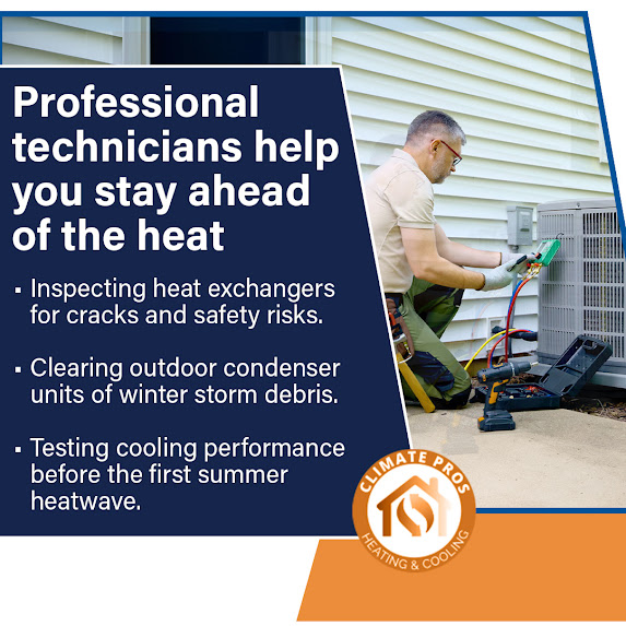 Professional HVAC technician inspecting an outdoor air conditioning unit, clearing debris, and testing cooling performance during a spring HVAC maintenance visit in Macomb, Michigan.