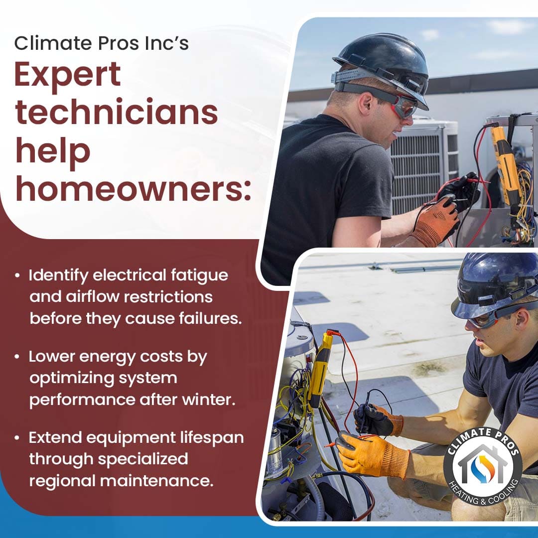 HVAC technician inspecting electrical components and airflow performance of AC unit