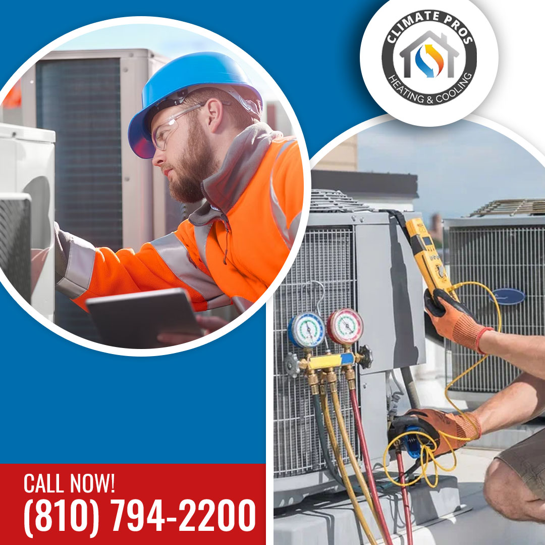 Climate Pros Heating & Cooling technicians performing commercial rooftop AC repair and system inspections. Call 810-794-2200.