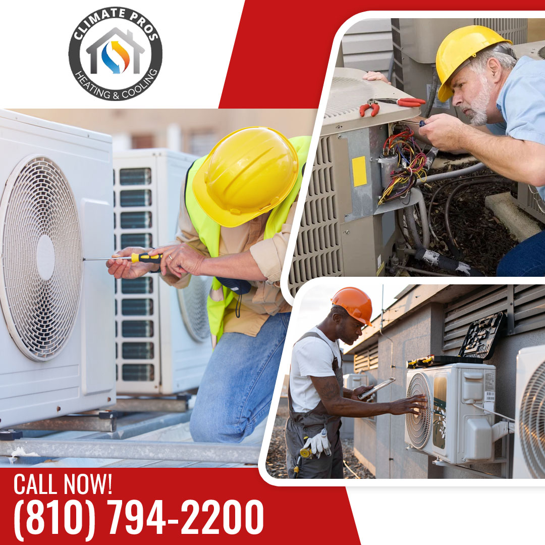 Professional HVAC technicians from Climate Pros repairing and inspecting residential air conditioning units. Call 810-794-2200.