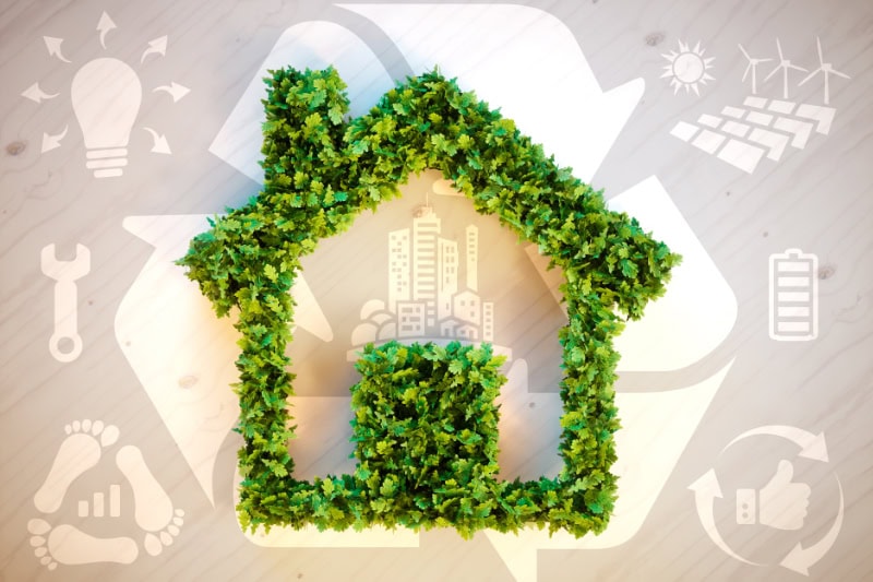 Tips to Prepare Your Shelby Township Home for Vacation This Summer. Sustainable living - 3d illustration with ecology icons on brown wooden background.